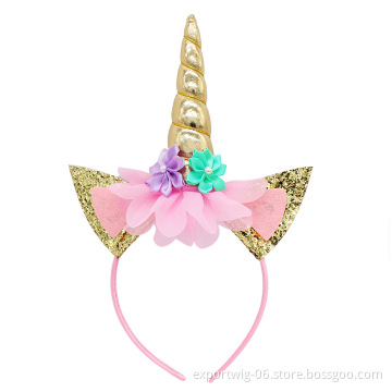 Handmade Kids Party Rainbow Unicorn Horn Headband for DIY Party Supplies Gold Glittery Headwear Flower Hairband